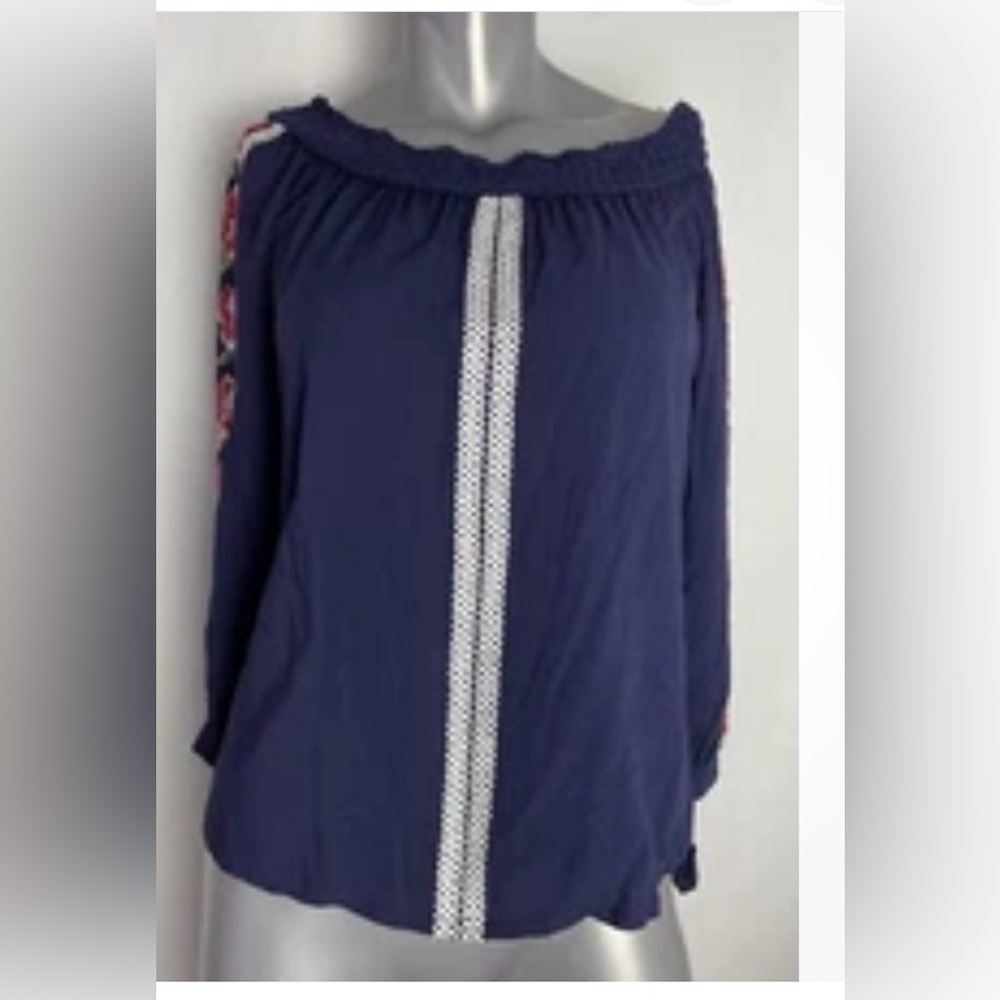 Solitaire Navy Blue Floral Embroidered Women's Top M - Picture 2 of 12